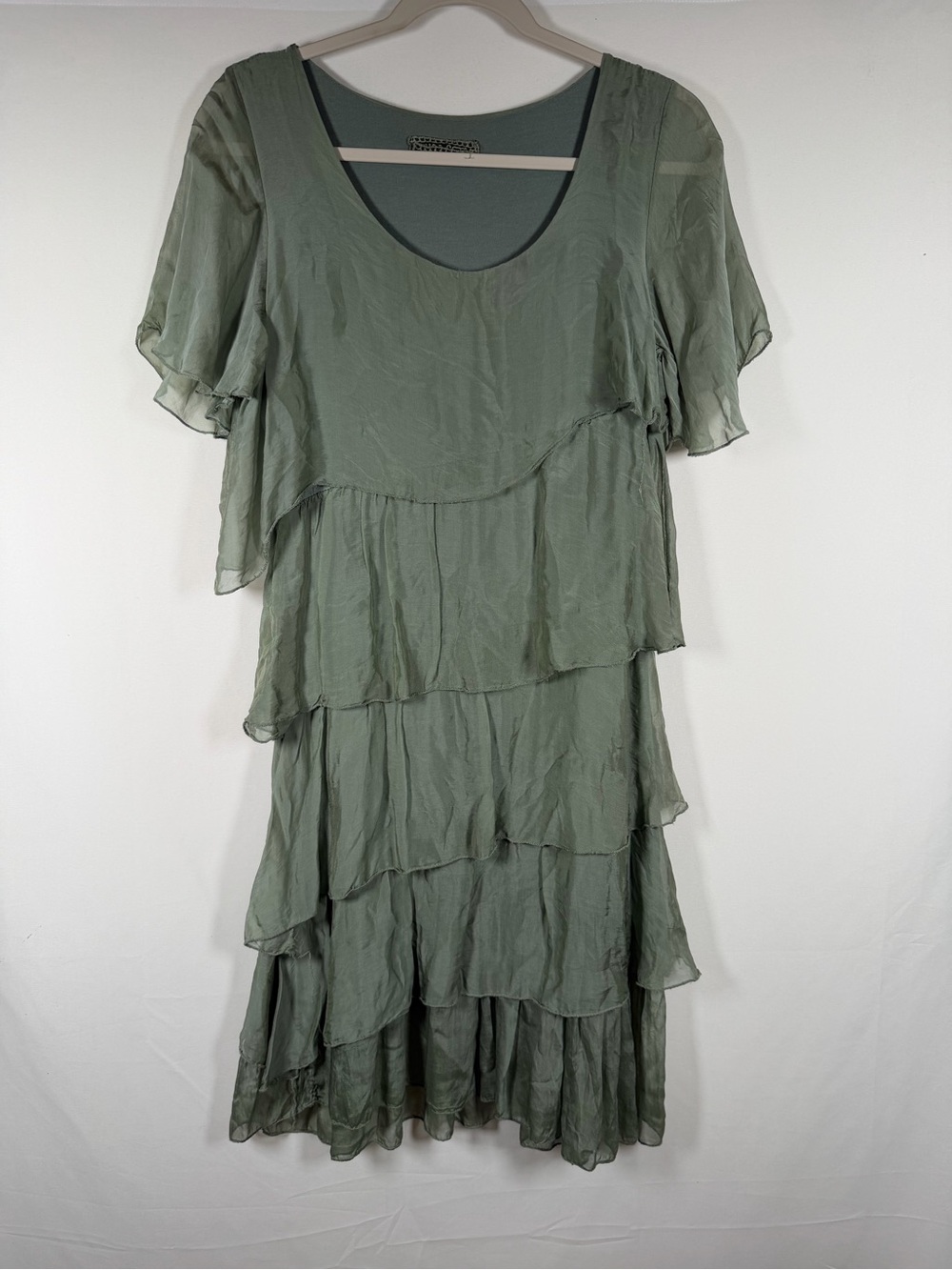 Italian Silk Layered Sage Green Dress with Ruffle Tiers Fairy, Boho, Lagenlook